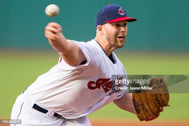 Starting pitcher Justin Masterson of the Cleveland Indians pitches during the first inning against the Boston Red Sox at Progressive Field on June 2,...