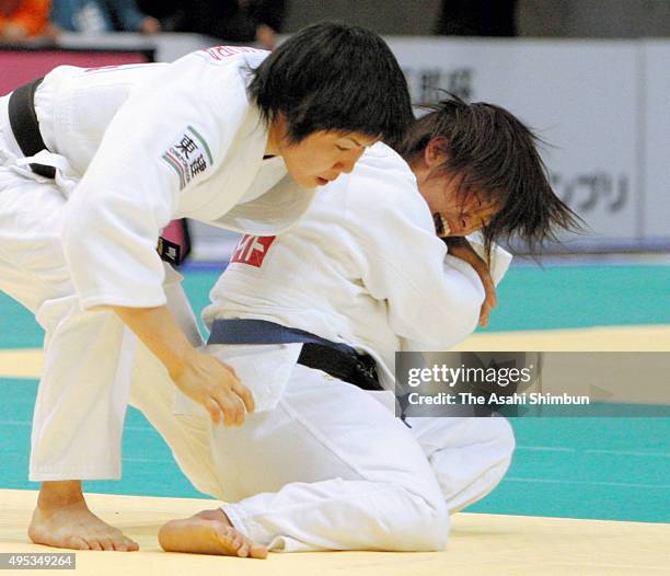 Yuka Nishida and Misato Nakamura compete in the Women's -52kg final during day three of the Kano Cup Judo World Grand Prix at Tokyo Metropolitan...