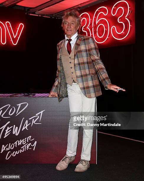 Rod Stewart signs copies of his album at HMV, Oxford Street on November 2, 2015 in London, England.
