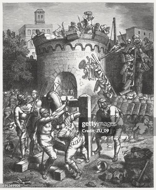 stockillustraties, clipart, cartoons en iconen met destruction of carthage in 146 bc, wood engraving, published 1881 - belegering