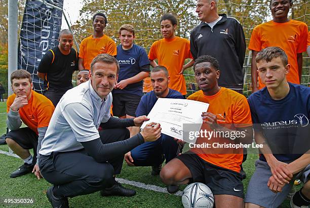 New Laureus Ambassador Andriy Shevchenko meets boys from the Street League National Social Enterprise at Corams Fields on November 2, 2015 in London,...