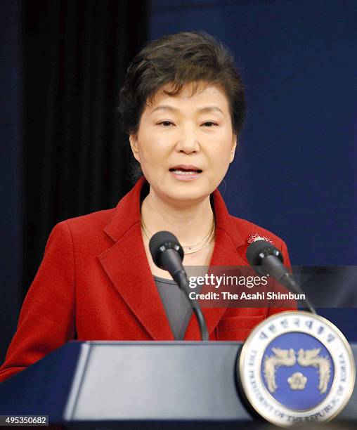 South Korean President Park Geun-hye addresses during a joint press conference after the trilateral summit between Japan, South Korea and China at...