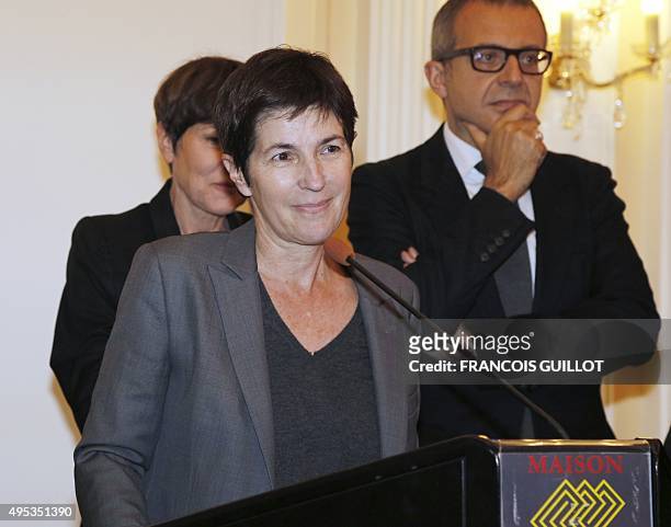 French writer Christine Angot gives a speech after she received the December Prize in literature for her book "Un amour impossible" on November 2,...