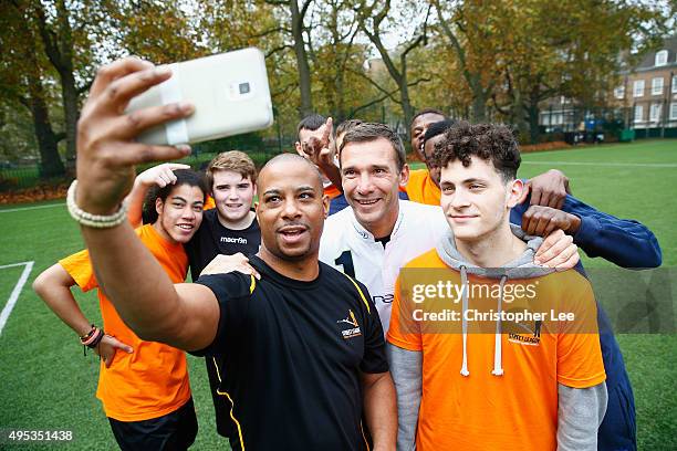 New Laureus Ambassador Andriy Shevchenko takes a selfie with boys from the Street League National Social Enterprise at Corams Fields on November 2,...