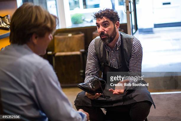 Marc Debieux, Store Manager, works in the Joseph Cheaney and Sons Bow Lane store on on September 1, 2015 in London, United Kingdom. J. Cheaney, Boot...
