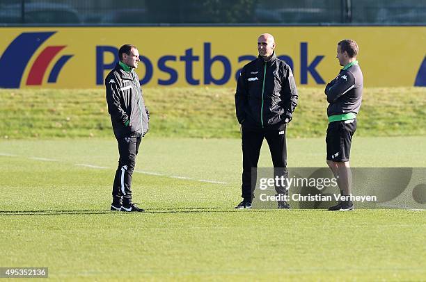 Co-Trainer Manfred Stefes, Head Coach Andre Schubert and Co-Trainer Frank Geideck of Borussia Moenchengladbach during the training session of...