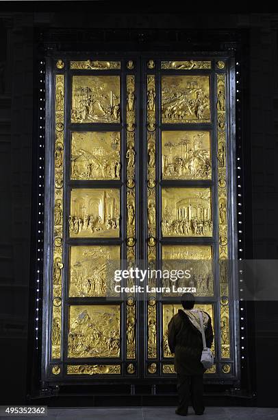 People attend the opening of the New Museo dell'Opera del Duomo near the Door of Baptistery Porta del paradiso inside the Room of the First Facade on...