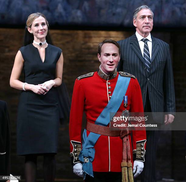 Actors Sally Scott, Oliver Chris and Miles Richardson take a bow during curtain call for the Broadway Opening Night of "King Charles III" at the...