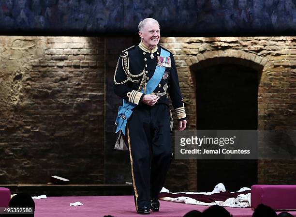 Actor Tim Pigott-Smith takes a bow during curtain call for the Broadway Opening Night of "King Charles III" at the Music Box Theatre on November 1,...