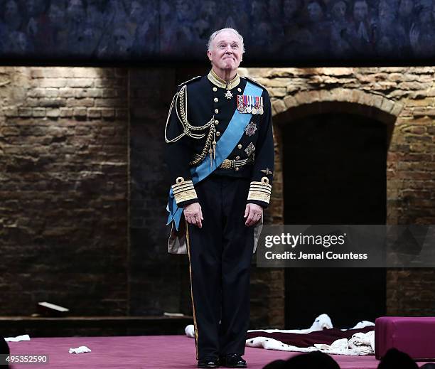 Actor Tim Pigott-Smith takes a bow during curtain call for the Broadway Opening Night of "King Charles III" at the Music Box Theatre on November 1,...