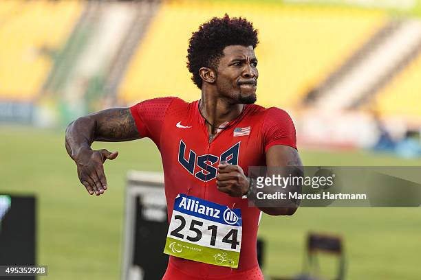 October 25: Richard Browne from USA is winning the MenÂ´s T44 100m sprint final at Suhaim Bin Hamad Stadium on October 25, 2015 in Doha, Qatar.