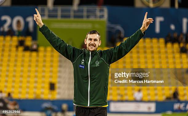 October 30: Michael McKillop of Ireland celebrates winning gold in the men's 1500m T37 final during the Evening Session on Day Nine of the IPC...