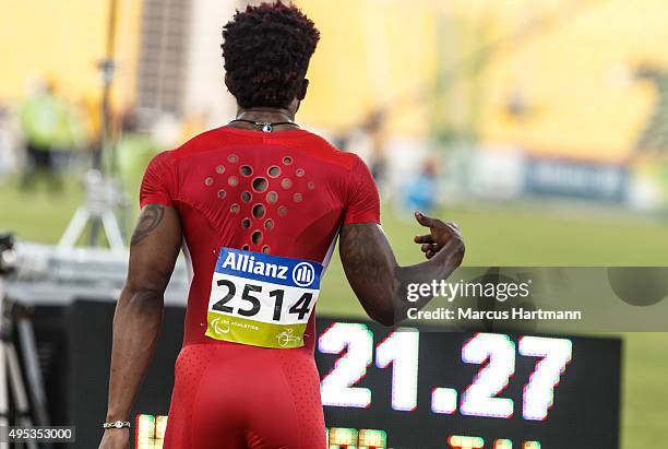 October 25: Richard Browne from USA is winning the MenÂ´s T44 100m sprint final at Suhaim Bin Hamad Stadium on October 25, 2015 in Doha, Qatar.