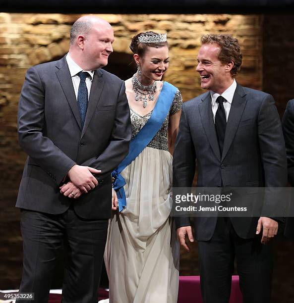 Playwright Mike Bartlett, actress Lydia Wilson and actor Adam James take a bow during curtain call for the Broadway Opening Night of "King Charles...
