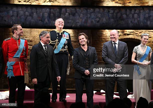 Actors Oliver Chris, Miles Richardson, Tim Pigott-Smith, director Rupert Goold, playwright Mike Bartlett and actress Lydia Wilson take a bow during...