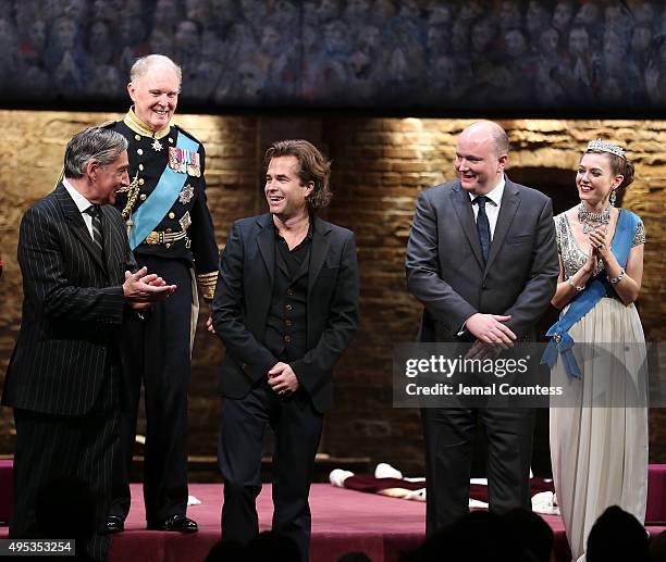 Actors Miles Richardson, Tim Pigott-Smith, director Rupert Goold, playwright Mike Bartlett and actress Lydia Wilson take a bow during curtain call...