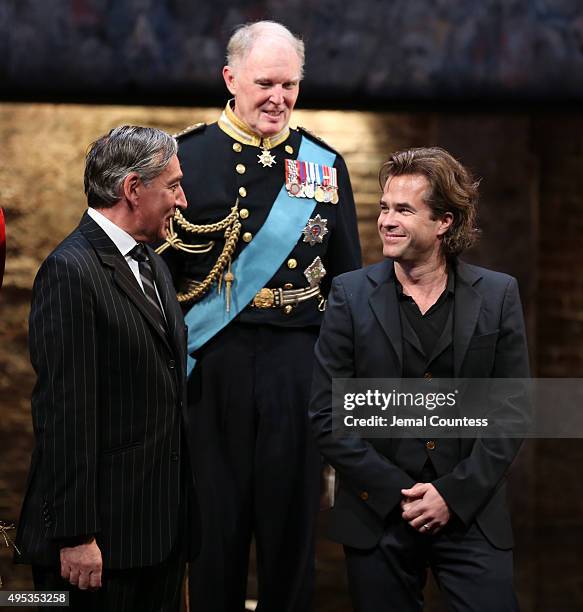 Actors Miles Richardson, Tim Pigott-Smith and director Rupert Goold take a bow during curtain call for the Broadway Opening Night of "King Charles...