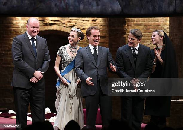 Playwright Mike Bartlett, actors Lydia Wilson, Adam James, Anthony Calf and Sally Scott take a bow during curtain call for the Broadway Opening Night...