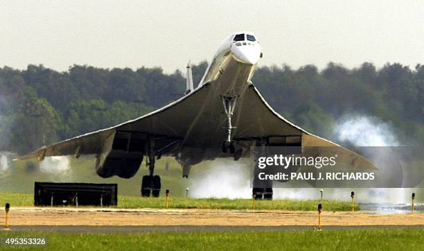Air France's oldest Concorde, the F-BVFA, touches down at Dulles International Airport in Chantilly, Vriginia, outside Washington, DC, after making...
