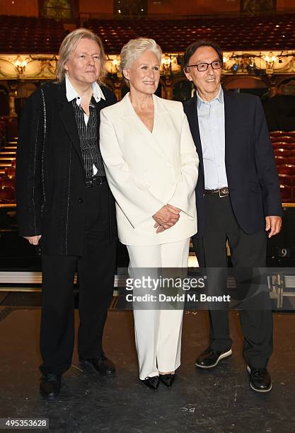 Christopher Hampton, Glenn Close and Don Black pose at a photocall for "Sunset Boulevard", opening in April 2016, at The London Coliseum on November...