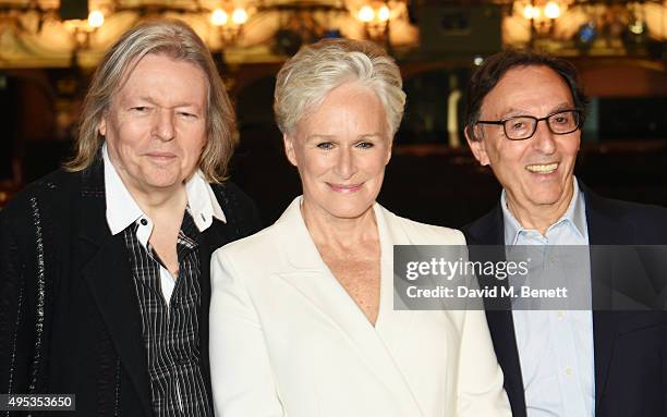 Christopher Hampton, Glenn Close and Don Black pose at a photocall for "Sunset Boulevard", opening in April 2016, at The London Coliseum on November...