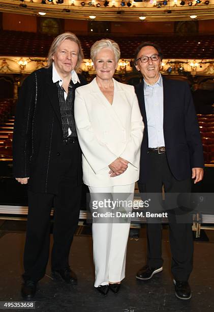 Christopher Hampton, Glenn Close and Don Black pose at a photocall for "Sunset Boulevard", opening in April 2016, at The London Coliseum on November...