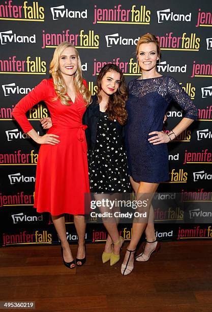 Actors Nora Kirkpatrick, Dylan Gelula and Missi Pyle attend TV Land's "Jennifer Falls" premiere party at Jimmy At The James Hotel on June 2, 2014 in...