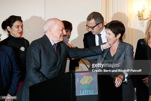 Member of the Jury Pierre Berge with Winner of the Prize Christine Angot for her book 'Un amour impossible' and others Members of the Jury attend the...