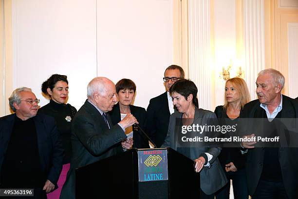 Member of the Jury Pierre Berge with Winner of the Prize Christine Angot for her book 'Un amour impossible' and others Members of the Jury attend the...