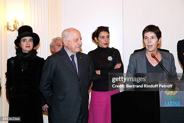 Members of the Jury Amelie Nothomb, Cecile Guilbert, Pierre Berge and Winner of the Prize Christine Angot for her book 'Un amour impossible' attend...