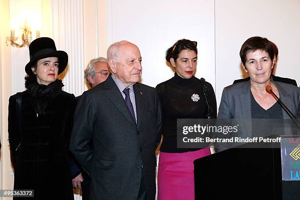 Members of the Jury Amelie Nothomb, Cecile Guilbert, Pierre Berge and Winner of the Prize Christine Angot for her book 'Un amour impossible' attend...