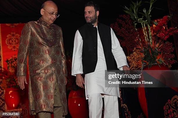 And Congress spokesperson Abhishek Manu Singhvi with Rahul Gandhi, Vice-President of Congress party during the wedding reception of his son, Avishkar...