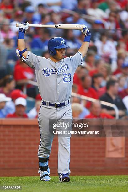 Norichika Aoki of the Kansas City Royals stretches prior to his first at-bat against the St. Louis Cardinals in the first inning at Busch Stadium on...