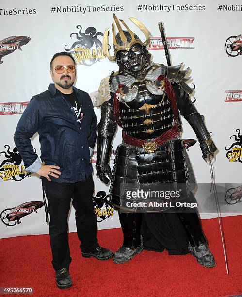 Director Steven Ayromlooi and actor Dragon Dronet as The Baron from 'The Sun Devil and the Princess' attend the red carpet premiere of 'Nobility' on...