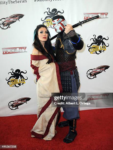 Actress Mandy Amano as Princess Kyoko and actor Stephen Meyer as Reiku from 'The Sun Devil and the Princess' attends the red carpet premiere of...