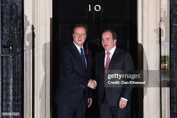 British Prime Minister David Cameron greets Swedish Prime Minister Stefan Lofven to Downing Street on November 2, 2015 in London, England. The pair...