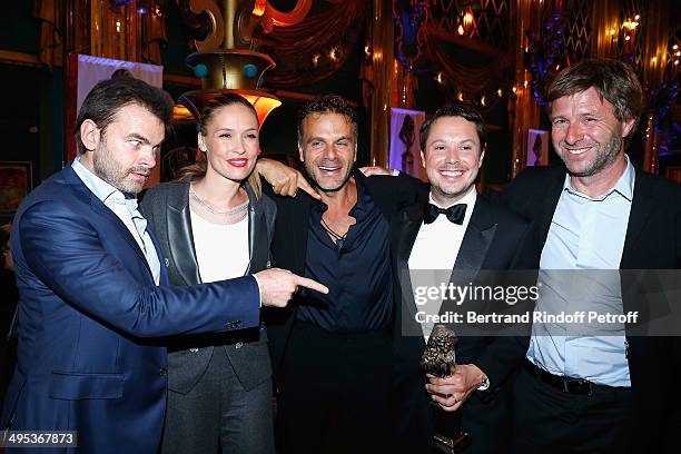 Clovis Cornillac, Lilou Fogli, Steve Suissa, Davy Sardou and Richard Caillat attend the 26th Molieres Awards Ceremony at Folies Bergere on June 2,...