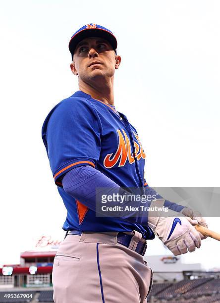David Wright of the New York Mets looks on during the 2015 World Series Media Day workouts at Kauffman Stadium on Monday, October 25, 2015 in Kansas...