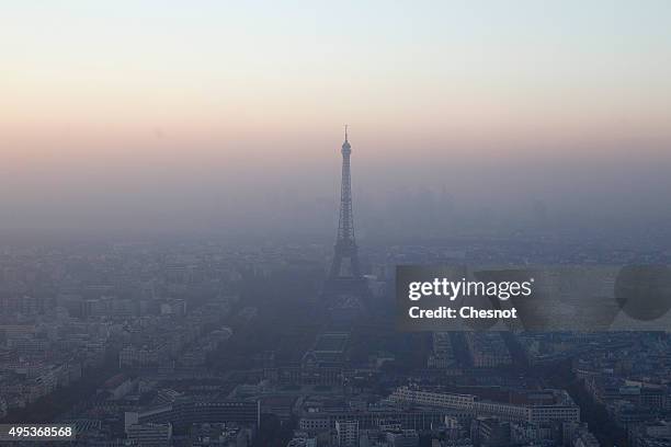 View of the Eiffel Tower and the city surrounded by high levels of air pollution on November 02, 2015 in Paris, France. The COP21 climate conference...