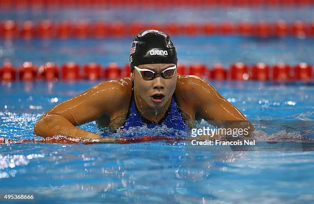 Felicia Lee of USA looks on after winning the Women's 100m Butterfly final during day one of the FINA World Swimming Cup 2015 at the Hamad Aquatic...