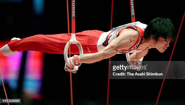 Kohei Uchimura of Japan competes in the Rings of the Men's All-Around during day eight of the 2015 World Artistic Gymnastics Championships at The SSE...