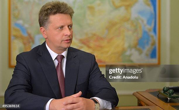 Russia's Transport Minister Maxim Sokolov speaks during a meeting with Russia's President Vladimir Putin at Novo-Ogaryovo residence in Moscow, Russia...
