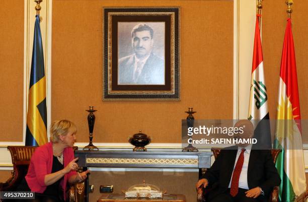 Karim Sinjari, interior minister of the Kurdistan Regional Government, meets with Swedish Foreign Minister Margot Wallstrom upon her arrival in...