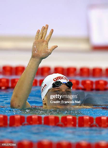 Daniel Gyurta of Hungary celebrates after winning the Men's 200m Breaststroke final during day one of the FINA World Swimming Cup 2015 at the Hamad...