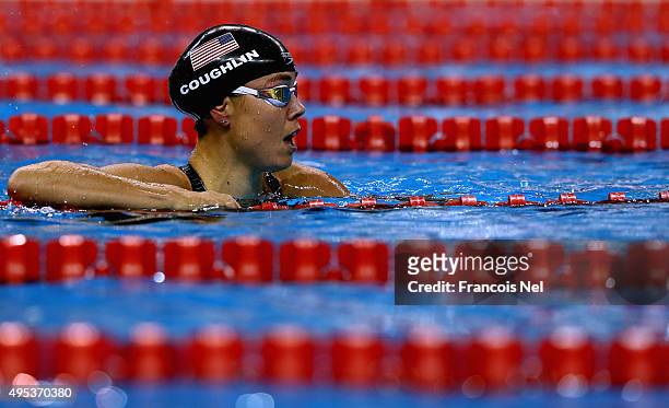 Natalie Coughlin of USA looks on after the Women's 50m Backstroke final during day one of the FINA World Swimming Cup 2015 at the Hamad Aquatic...