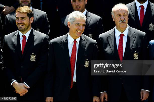 Iker Casillas of Spain, Spain Football Federation President Angel Maria Villa and Head coach Vicente Del Bosque of Spain share a joke after a...