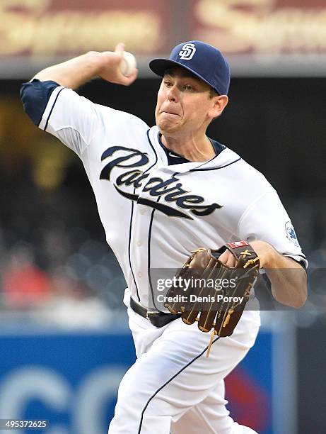 Tim Stauffer of the San Diego Padres pitches during the first inning of a baseball game against the Pittsburgh Pirates at Petco Park June 2, 2014 in...