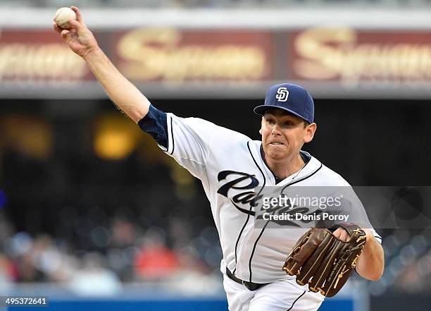 Tim Stauffer of the San Diego Padres pitches during the first inning of a baseball game against the Pittsburgh Pirates at Petco Park June 2, 2014 in...
