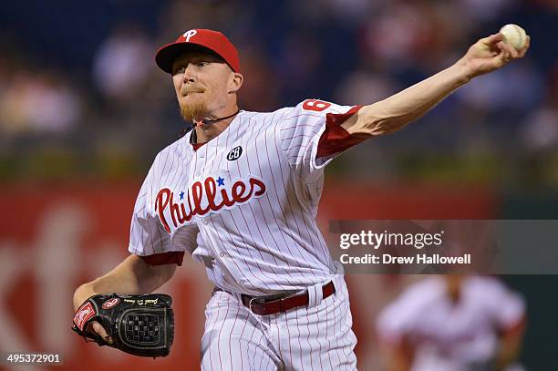 Jacob Diekman of the Philadelphia Phillies delivers a pitch in the ninth inning against the New York Mets at Citizens Bank Park on June 2, 2014 in...