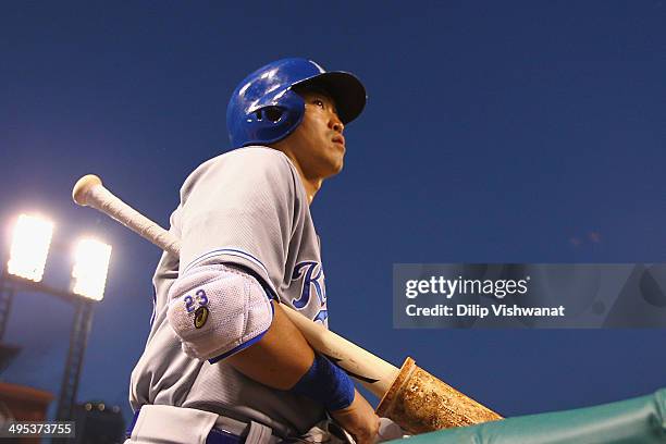 Norichika Aoki of the Kansas City Royals makes his way to the on-deck circle in the seventh inning against the St. Louis Cardinals at Busch Stadium...